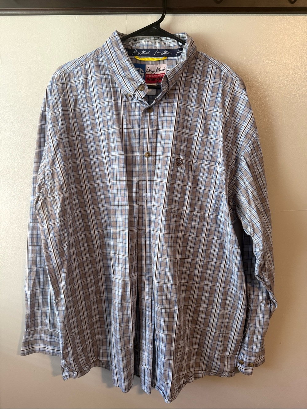Wrangler Men’s Button-Down Plaid Shirt — Light Blue and Tan